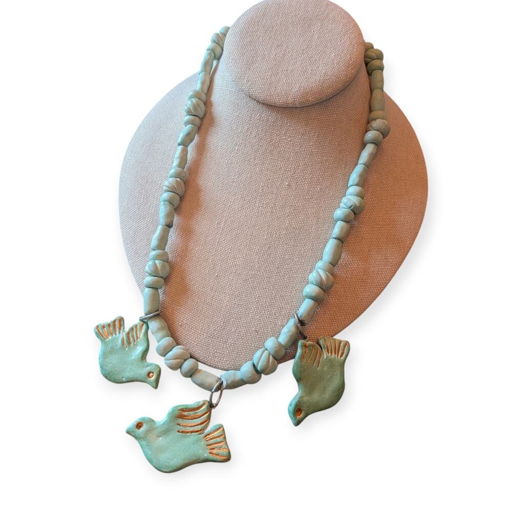 Artisan Ceramic Bird Beaded Necklace 20"